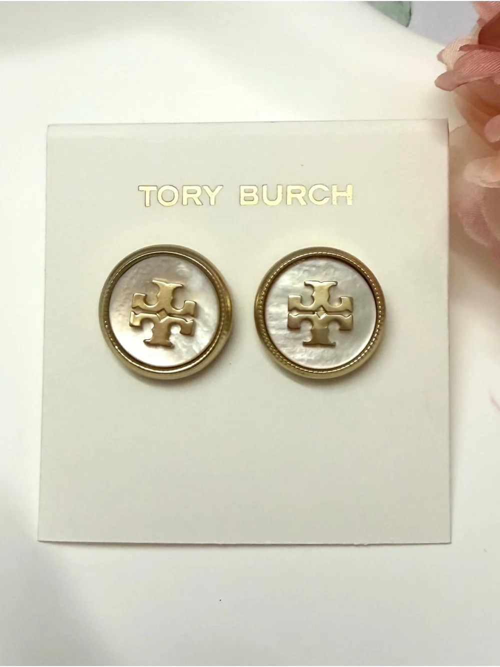 Tory Burch Gold Logo Button Earrings with Mother-of-Pearl